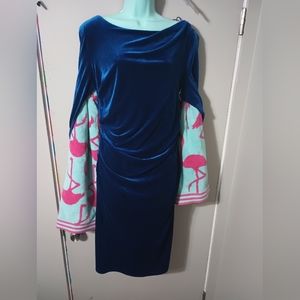 Royal Blue velvet formal dress with wrap behind sleeve for elegant touch, size14